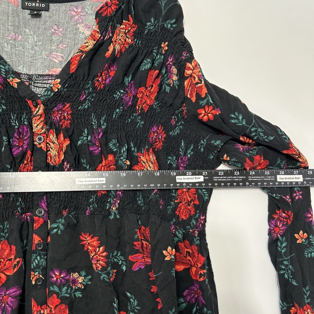 Torrid Womens Smocked Babydoll Top Size 3X Button Long Puff Sleeve Floral Print - Picture 15 of 16